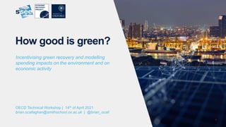 1
How good is green?
OECD Technical Workshop | 14th of April 2021
brian.ocallaghan@smithschool.ox.ac.uk | @brian_ocall
Incentivising green recovery and modelling
spending impacts on the environment and on
economic activity
 