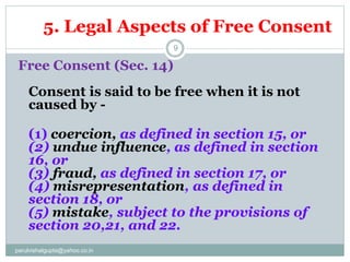 5. Legal Aspects of Free Consent
parulvishalgupta@yahoo.co.in
9
Free Consent (Sec. 14)
Consent is said to be free when it ...