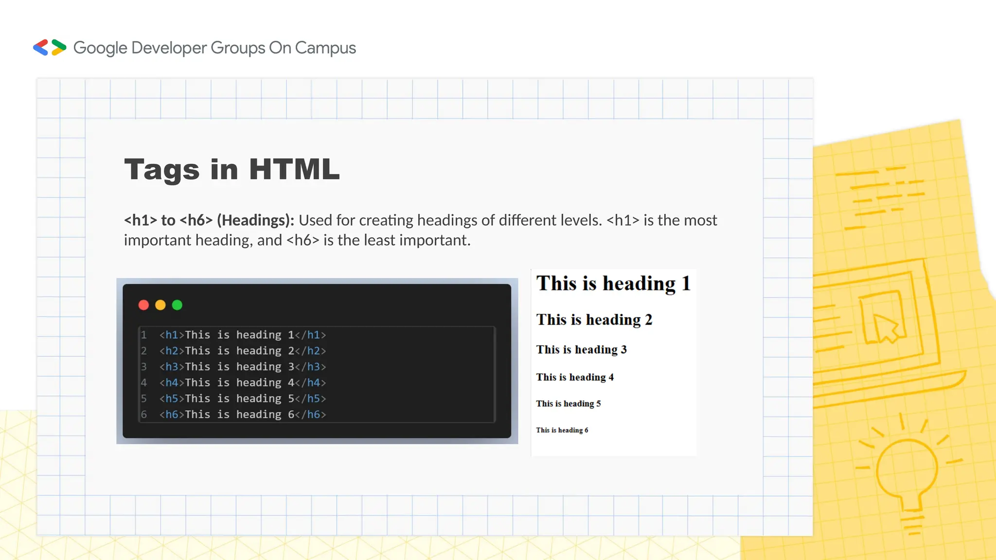 Tags in HTML
<h1> to <h6> (Headings): Used for creating headings of different levels. <h1> is the most
important heading, and <h6> is the least important.
 