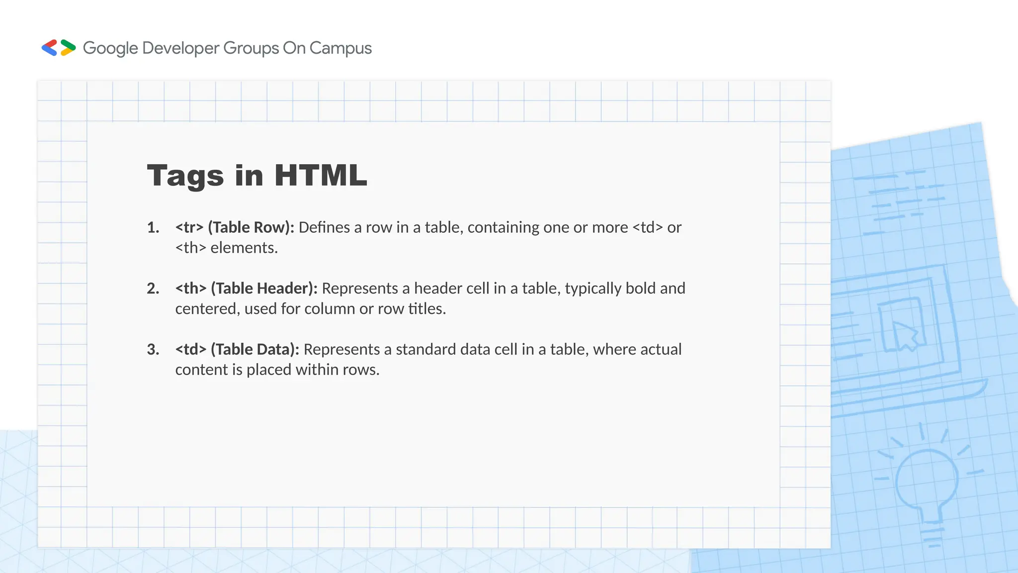 Tags in HTML
1. <tr> (Table Row): Defines a row in a table, containing one or more <td> or
<th> elements.
2. <th> (Table Header): Represents a header cell in a table, typically bold and
centered, used for column or row titles.
3. <td> (Table Data): Represents a standard data cell in a table, where actual
content is placed within rows.
 