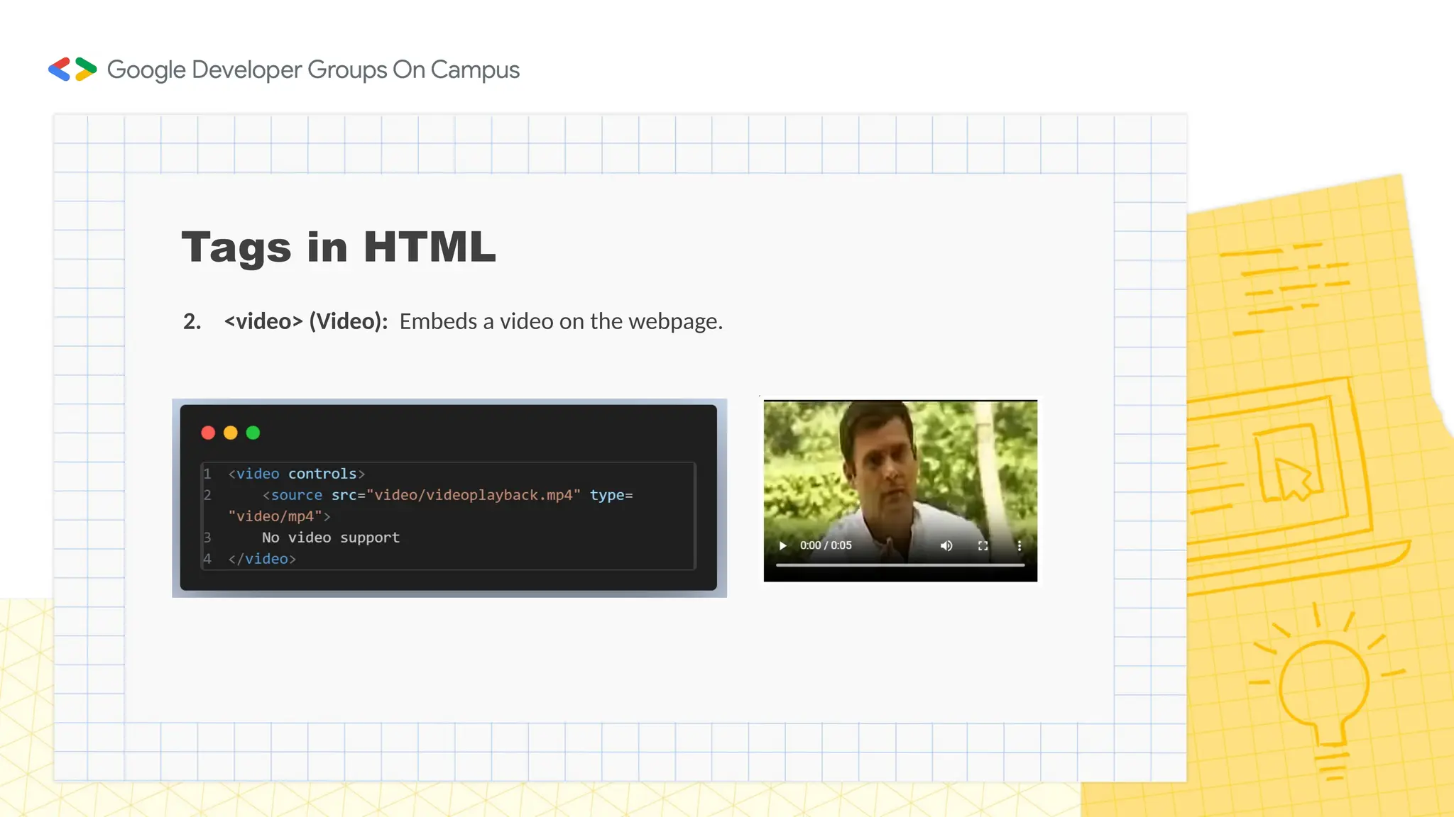 Tags in HTML
2. <video> (Video): Embeds a video on the webpage.
 