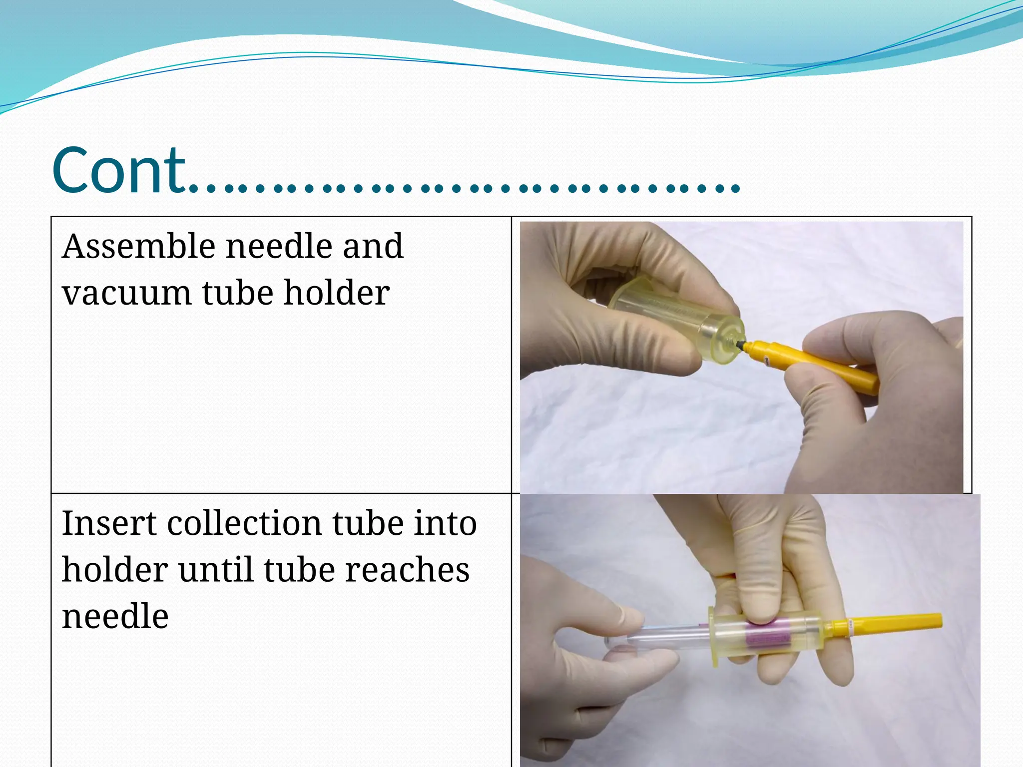 Cont…………………………….
Assemble needle and
vacuum tube holder
Insert collection tube into
holder until tube reaches
needle
 