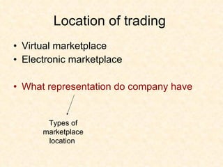 Location of trading  Virtual marketplace Electronic marketplace What representation do company have Types of marketplace location  