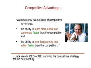 “ We have only two sources of competitive advantage:  the ability to  learn more about our customers   faster  than the competition and the ability to  turn that learning into action   faster  than the competition. ” --  Jack Welch, CEO of GE, outlining his competitive strategy for the next century Competitive Advantage... 