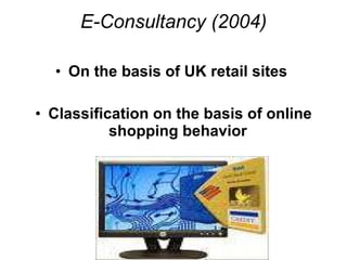 E-Consultancy (2004) On the basis of UK retail sites  Classification on the basis of online shopping behavior  