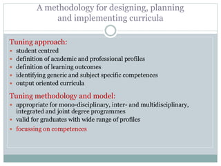 Tuning approach: 
student centred 
definition of academic and professional profiles 
definition of learning outcomes 
identifying generic and subject specific competences 
output oriented curricula 
Tuning methodology and model: 
appropriate for mono-disciplinary, inter- and multidisciplinary, integrated and joint degree programmes 
valid for graduates with wide range of profiles 
focussing on competences 
A methodology for designing, planning and implementing curricula  