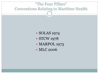“The Four Pillars” Conventions Relating to Maritime Health 
SOLAS 1974 
STCW 1978 
MARPOL 1973 
MLC 2006  