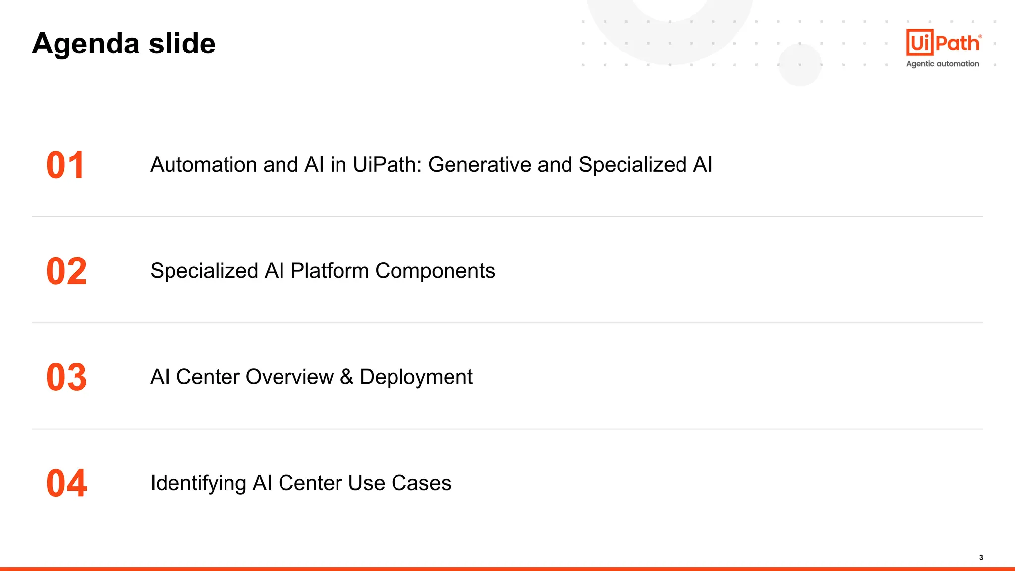 3
Agenda slide
01
02
03
04
Automation and AI in UiPath: Generative and Specialized AI
Specialized AI Platform Components
AI Center Overview & Deployment
Identifying AI Center Use Cases
 