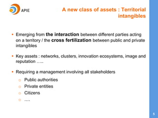 5
A new class of assets : Territorial
intangibles
 Emerging from the interaction between different parties acting
on a territory / the cross fertilization between public and private
intangibles
 Key assets : networks, clusters, innovation ecosystems, image and
reputation …..
 Requiring a management involving all stakeholders
o Public authorities
o Private entities
o Citizens
o ….
 