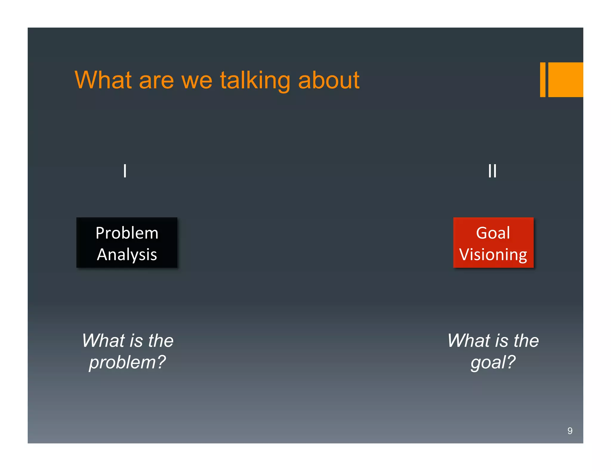 What are we talking about

I

II

Problem	
  
Analysis	
  

Goal	
  
Visioning	
  

What is the
problem?

What is the
goal?

9

 