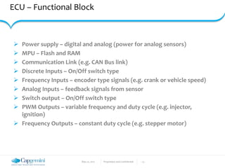 May 22, 2017 Proprietary and Confidential - 12 -
ECU – Functional Block
 Power supply – digital and analog (power for analog sensors)
 MPU – Flash and RAM
 Communication Link (e.g. CAN Bus link)
 Discrete Inputs – On/Off switch type
 Frequency Inputs – encoder type signals (e.g. crank or vehicle speed)
 Analog Inputs – feedback signals from sensor
 Switch output – On/Off switch type
 PWM Outputs – variable frequency and duty cycle (e.g. injector,
ignition)
 Frequency Outputs – constant duty cycle (e.g. stepper motor)
 