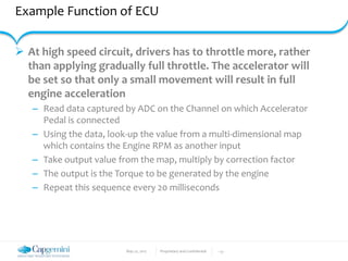 May 22, 2017 Proprietary and Confidential - 13 -
Example Function of ECU
 At high speed circuit, drivers has to throttle more, rather
than applying gradually full throttle. The accelerator will
be set so that only a small movement will result in full
engine acceleration
– Read data captured by ADC on the Channel on which Accelerator
Pedal is connected
– Using the data, look-up the value from a multi-dimensional map
which contains the Engine RPM as another input
– Take output value from the map, multiply by correction factor
– The output is the Torque to be generated by the engine
– Repeat this sequence every 20 milliseconds
 