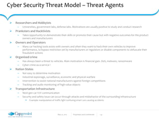 May 22, 2017 Proprietary and Confidential - 19 -
Cyber Security Threat Model – Threat Agents
 Researchers and Hobbyists
– Universities, government labs, defense labs. Motivations are usually positive to study and conduct research
 Pranksters and Hacktivists
– Takes opportunity to demonstrate their skills or promote their cause but with negative outcomes for the product
owners and manufacturers
 Owners and Operators
– Many car hacking tools exists with owners and often they want to hack their own vehicles to improve
performance, to bypass restriction set by manufacturers or regulators or disable components to obfuscate their
fraudulent actions
 Organized crime
– Has always been a threat to vehicles. Main motivation is financial gain. DoS, malware, ransomware
– Cyber crime-as-a-service !
 Nation States
– Not easy to determine motivation
– Industrial espionage, surveillance, economic and physical warfare
– Intervention to assist national manufacturers against foreign competitions
– Tracking and audio monitoring of high-value objects
 Transportation Infrastructure
– Next-gen car V2V communication
– Security and safety issue can occur through attacks and misbehavior of the surrounding infrastructure
 Example: manipulation of traffic light confusing smart cars causing accidents
 