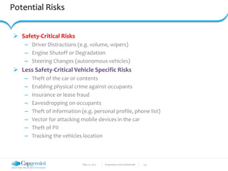 May 22, 2017 Proprietary and Confidential - 24 -
Potential Risks
 Safety-Critical Risks
– Driver Distractions (e.g. volume, wipers)
– Engine Shutoff or Degradation
– Steering Changes (autonomous vehicles)
 Less Safety-Critical Vehicle Specific Risks
– Theft of the car or contents
– Enabling physical crime against occupants
– Insurance or lease fraud
– Eavesdropping on occupants
– Theft of information (e.g. personal profile, phone list)
– Vector for attacking mobile devices in the car
– Theft of PII
– Tracking the vehicles location
 