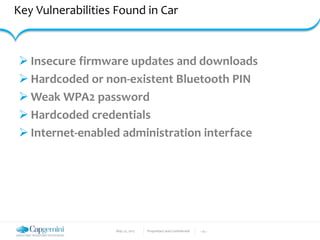 May 22, 2017 Proprietary and Confidential - 25 -
Key Vulnerabilities Found in Car
 Insecure firmware updates and downloads
 Hardcoded or non-existent Bluetooth PIN
 Weak WPA2 password
 Hardcoded credentials
 Internet-enabled administration interface
 