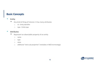 Basic Concepts
12
▪ Entity
▪ Any kind of thing of interest. It has many attributes
o id : Entity identifier
o type : Entity type
▪ Attributes
▪ Represent an observable property of an entity
o name
o type
o value
o additional “extra sub-properties” (metadata in NGSI terminology)
 