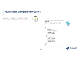 Quick Usage Example: Room Query I
31
200 OK
Content-Type: application/json
...
{
"pressure": {
"type": "Integer",
"value": 720,
"metadata": {}
},
"temperature": {
"type": "Float",
"value": 27.9,
"metadata": {}
}
}
GET <cb_host>:1026/v2/entities/Room1/attrs
 