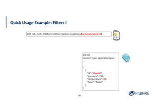 Quick Usage Example: Filters I
34
200 OK
Content-Type: application/json
...
[
{
"id": "Room2",
"pressure": 730,
"temperature": 29,
"type": "Room"
}
]
GET <cb_host>:1026/v2/entities?options=keyValues&q=temperature>28
 