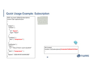 Quick Usage Example: Subscription
38
POST <cb_host>:1026/v2/subscriptions
Content-Type: application/json
…
{
"subject": {
"entities": [
{
"id": "Room1",
"type": "Room"
}
],
"condition": {
"attrs": [ "temperature" ]
}
},
"notification": {
"http": {
"url": "http://<host>:<port>/publish"
},
"attrs": [ "temperature" ]
},
"expires": "2026-04-05T14:00:00.00Z"
}
201 Created
Location: /v2/subscriptions/51c0ac9ed714fb3b37d7d5a8
...
 