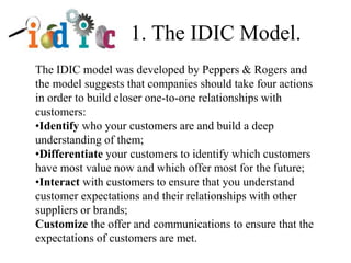 The IDIC model was developed by Peppers & Rogers and
the model suggests that companies should take four actions
in order to build closer one-to-one relationships with
customers:
•Identify who your customers are and build a deep
understanding of them;
•Differentiate your customers to identify which customers
have most value now and which offer most for the future;
•Interact with customers to ensure that you understand
customer expectations and their relationships with other
suppliers or brands;
Customize the offer and communications to ensure that the
expectations of customers are met.
1. The IDIC Model.
 