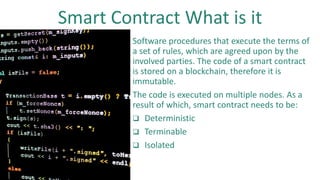 Smart Contract How it works
contract Micro { … }
Micro.confirmInsurance()
Micro.confirmDelay()
Deployment Initiated by use...