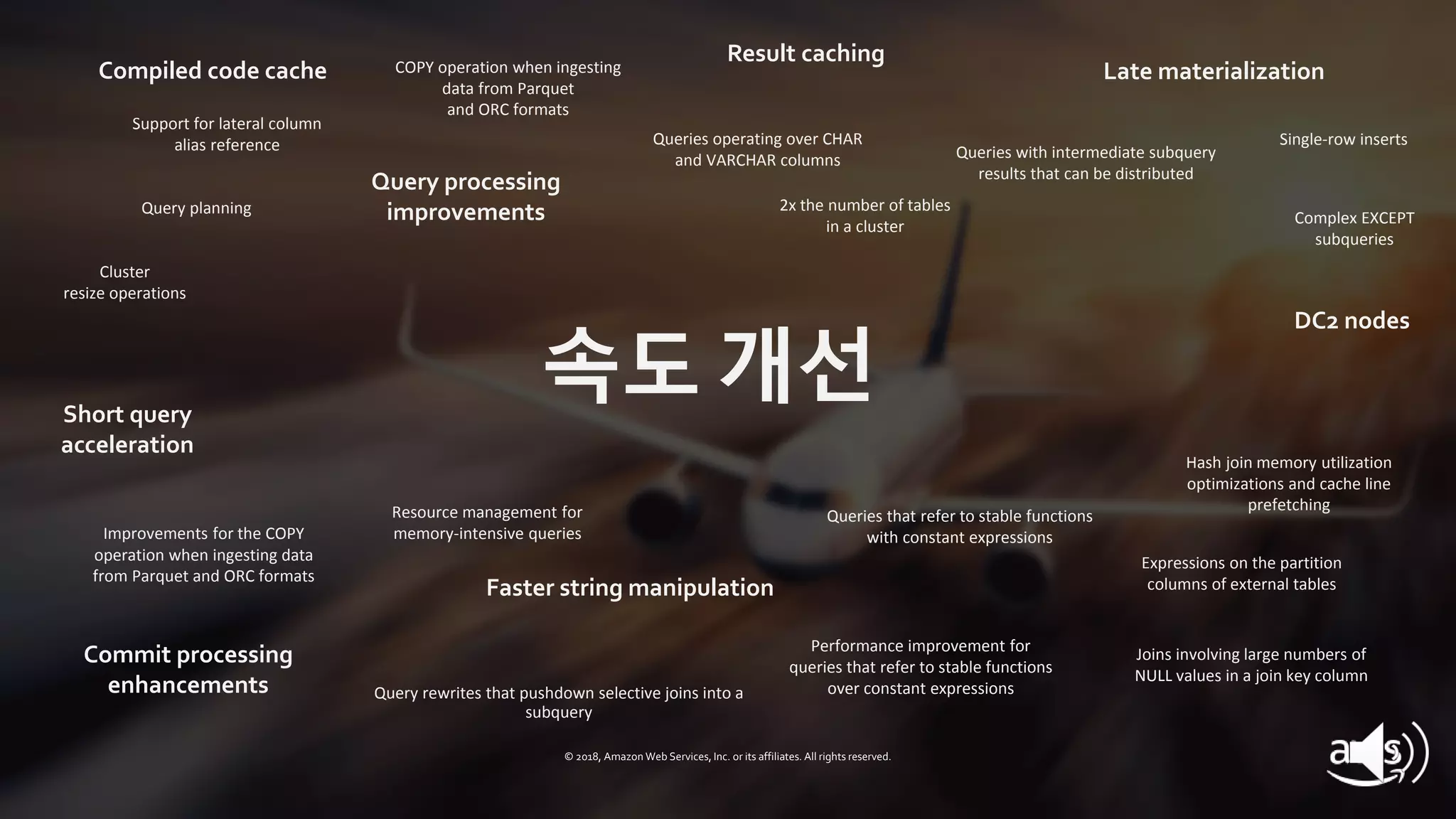 © 2019, Amazon Web Services, Inc. or its affiliates. All rights reserved.
Compiled code cache
Support for lateral column
alias reference
Resource management for
memory-intensive queries
Late materialization
Result caching
Joins involving large numbers of
NULL values in a join key column
Queries with intermediate subquery
results that can be distributed
Cluster
resize operations
Queries that refer to stable functions
with constant expressions
Short query
acceleration
Queries operating over CHAR
and VARCHAR columns
Single-row inserts
속도 개선
Expressions on the partition
columns of external tablesFaster string manipulation
Complex EXCEPT
subqueries
Commit processing
enhancements
DC2 nodes
2x the number of tables
in a cluster
Hash join memory utilization
optimizations and cache line
prefetching
COPY operation when ingesting
data from Parquet
and ORC formats
Performance improvement for
queries that refer to stable functions
over constant expressions
Improvements for the COPY
operation when ingesting data
from Parquet and ORC formats
Query processing
improvements
Query rewrites that pushdown selective joins into a
subquery
Query planning
© 2018, Amazon Web Services, Inc. or its affiliates. All rights reserved.
 