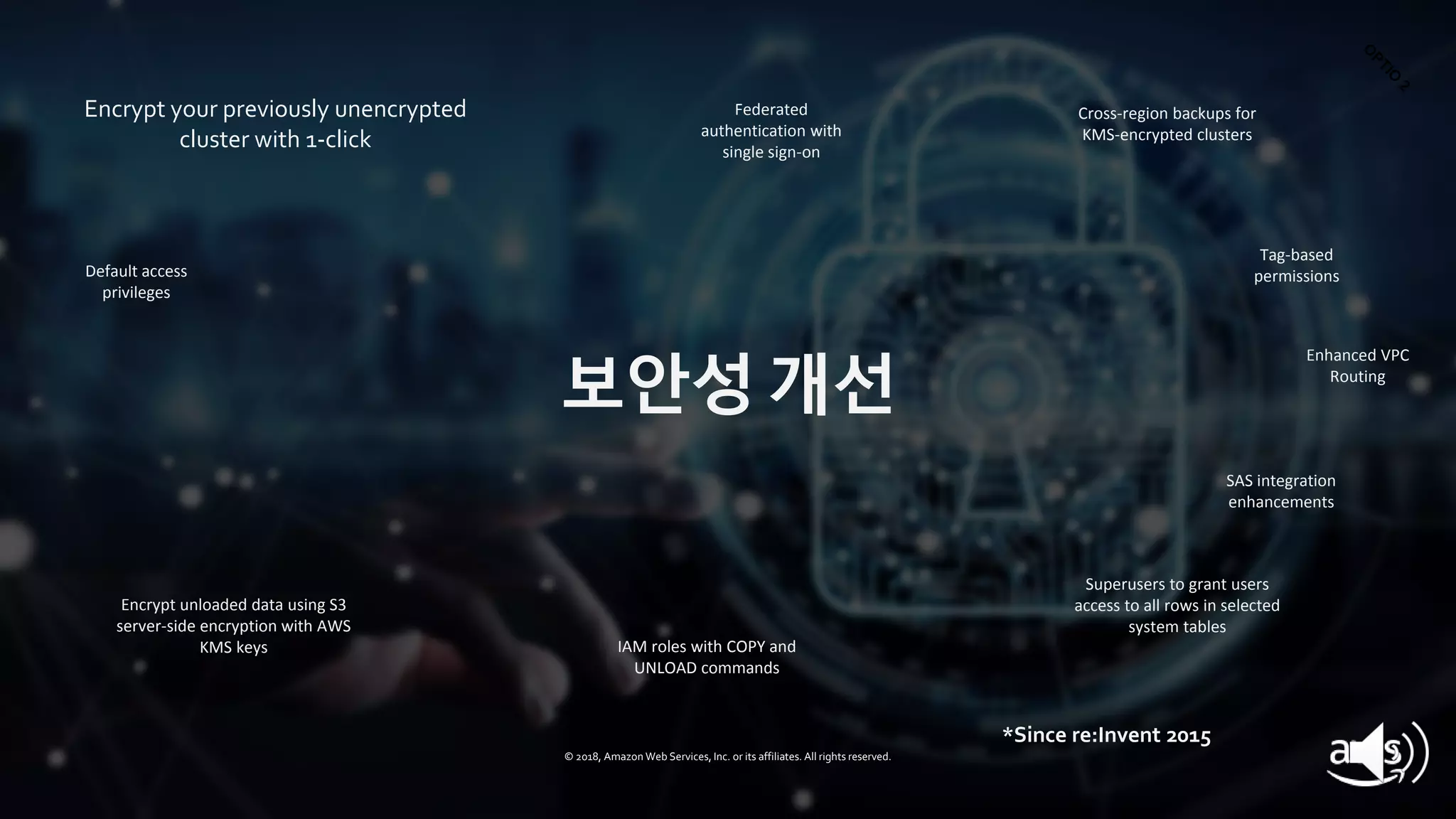 © 2019, Amazon Web Services, Inc. or its affiliates. All rights reserved.
*Since re:Invent 2015
© 2018, Amazon Web Services, Inc. or its affiliates. All rights reserved.
보안성 개선
Encrypt your previously unencrypted
cluster with 1-click
Enhanced VPC
Routing
SAS integration
enhancements
Superusers to grant users
access to all rows in selected
system tables
Encrypt unloaded data using S3
server-side encryption with AWS
KMS keys IAM roles with COPY and
UNLOAD commands
Tag-based
permissionsDefault access
privileges
Federated
authentication with
single sign-on
Cross-region backups for
KMS-encrypted clusters
 