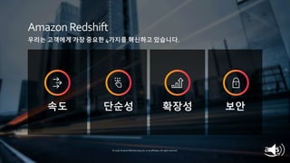 © 2019, Amazon Web Services, Inc. or its affiliates. All rights reserved.
AmazonRedshift
우리는 고객에게 가장 중요한 4가지를 혁신하고 있습니다.
속도 확장성 보안단순성
© 2018, Amazon Web Services, Inc. or its affiliates. All rights reserved.
 