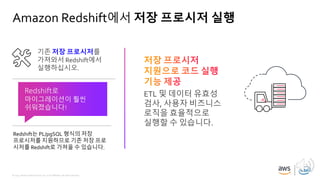 © 2019, Amazon Web Services, Inc. or its affiliates. All rights reserved.
Amazon Redshift에서 저장 프로시저 실행
기존 저장 프로시저를
가져와서 Redshift에서
실행하십시오.
Redshift는 PL/pgSQL 형식의 저장
프로시저를 지원하므로 기존 저장 프로
시저를 Redshift로 가져올 수 있습니다.
Redshift로
마이그레이션이 훨씬
쉬워졌습니다!
ETL 및 데이터 유효성
검사, 사용자 비즈니스
로직을 효율적으로
실행할 수 있습니다.
 