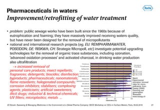 JO Straub: Assessing & Managing Medicines in the Environment at a Global Pharma Company; OECD Workshop on CECs in Surface Waters, Paris, 05.02.2018 27
• problem: public sewage works have been built since the 1960s because of
eutrophication and foaming; they have massively improved receiving waters quality,
but have never been designed for the removal of micropollutants
• national and international research projects (eg, EU: REMPHARMAWATER,
POSEIDON; DE: RISKWA; CH: Strategie Micropoll, etc) investigate potential upgrading
technologies for the removal of organic trace substances, including ozonation,
'advanced oxidation processes' and activated charcoal, in drinking water production
also ultrafiltration
 increased removal of
personal care products; insect repellants;
fragrances; detergents; biocides; disinfection
byproducts; pharmaceuticals; nanomaterials;
flame retardants; halogenated compounds;
corrosion inhibitors; stabilisers; complexing
agents; plasticisers; artificial sweeteners;
illicit drugs; industrial & technical chemicals;
UV filters; microplastics; metals ...
Pharmaceuticals in waters
Improvement/retrofitting of water treatment
figure:
Experimental
ozonation removal
rates for micro-
pollutants, from:
Eawag (2009):
Ozonung von
gereinigtem
Abwasser.
www.eawag.ch
 