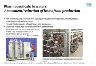 JO Straub: Assessing & Managing Medicines in the Environment at a Global Pharma Company; OECD Workshop on CECs in Surface Waters, Paris, 05.02.2018 7
• risk analyses and assessments during production development, incorporating
environmentally relevant data
• revision/optimisation of syntheses and processes
• technical measures if indicated by risk assessment
Customised membrane filtration unit for wastewater pretreatment (2016),
Roche Basle, photo courtesy S.Lacher, Biotech Manufacturing Production
Support
Pharma 1: 3–5 (2011)
Pharmaceuticals in waters
Assessment/reduction of losses from production
 