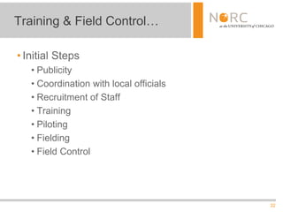 32
• Initial Steps
• Publicity
• Coordination with local officials
• Recruitment of Staff
• Training
• Piloting
• Fielding
• Field Control
Training & Field Control…
 