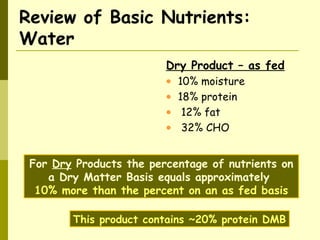 Review of Basic Nutrients:
Water
Dry Product – as fed
• 10% moisture
• 18% protein
• 12% fat
• 32% CHO
For Dry Products the percentage of nutrients on
a Dry Matter Basis equals approximately
10% more than the percent on an as fed basis
This product contains ~20% protein DMB
 
