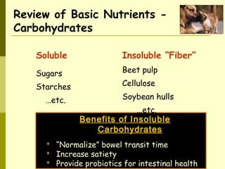 Benefits of Insoluble
Carbohydrates
 “Normalize” bowel transit time
 Increase satiety
 Provide probiotics for intestinal health
Review of Basic Nutrients -
Carbohydrates
Soluble Insoluble “Fiber”
Sugars
Starches
…etc.
Beet pulp
Cellulose
Soybean hulls
…etc.
 