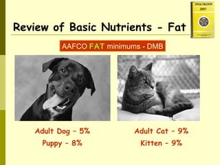 Review of Basic Nutrients - Fat
AAFCO FAT minimums - DMB
Adult Dog – 5%
Puppy – 8%
Adult Cat – 9%
Kitten – 9%
 
