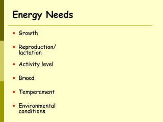 Energy Needs
• Growth
• Reproduction/
lactation
• Activity level
• Breed
• Temperament
• Environmental
conditions
 