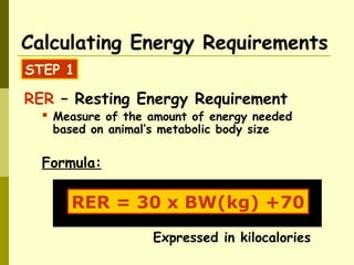 Calculating Energy Requirements
RER – Resting Energy Requirement
 Measure of the amount of energy needed
based on animal’s metabolic body size
Formula:
Expressed in kilocalories
RER = 30 x BW(kg) +70
STEP 1
 