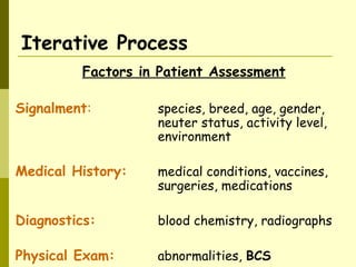Iterative Process
Factors in Patient Assessment
Signalment: species, breed, age, gender,
neuter status, activity level,
environment
Medical History: medical conditions, vaccines,
surgeries, medications
Diagnostics: blood chemistry, radiographs
Physical Exam: abnormalities, BCS
 