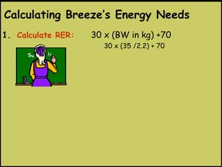 1. Calculate RER: 30 x (BW in kg) +70
30 x (35 /2.2) + 70
Calculating Breeze’s Energy Needs
 