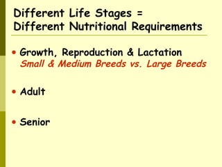 Different Life Stages =
Different Nutritional Requirements
• Growth, Reproduction & Lactation
Small & Medium Breeds vs. Large Breeds
• Adult
• Senior
 