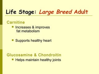 Life Stage: Large Breed Adult
Carnitine
 Increases & improves
fat metabolism
 Supports healthy heart
Glucosamine & Chondroitin
 Helps maintain healthy joints
 