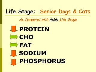 Life Stage: Senior Dogs & Cats
As Compared with Adult Life Stage
PROTEIN
PHOSPHORUS
SODIUM
FAT
CHO
 