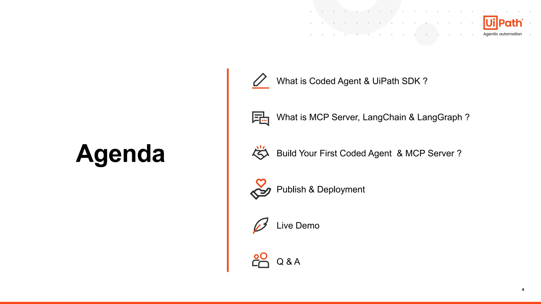 4
Agenda
What is Coded Agent & UiPath SDK ?
What is MCP Server, LangChain & LangGraph ?
Build Your First Coded Agent & MCP Server ?
Publish & Deployment
Live Demo
Q & A
 