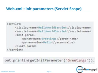 Page 12Classification: Restricted
Web.xml : init parameters (Servlet Scope)
 