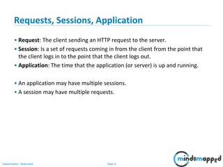 Page 6Classification: Restricted
Requests, Sessions, Application
• Request: The client sending an HTTP request to the server.
• Session: Is a set of requests coming in from the client from the point that
the client logs in to the point that the client logs out.
• Application: The time that the application (or server) is up and running.
• An application may have multiple sessions.
• A session may have multiple requests.
 