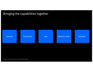 Bringing the capabilities together
8Think 2019 / Session 3266 / February 14, 2019 / © 2019 IBM Corporation
Expertise Partnerships Data Research insights Integration
Bringing the capabilities together
8Think 2019 / Session 3266 / February 14, 2019 / © 2019 IBM Corporation
Expertise Partnerships Data Research insights Integration
 