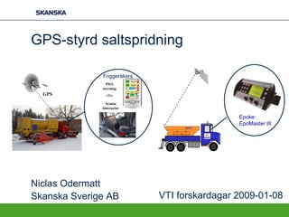 GPS-styrd saltspridning

              Friggeråkers
                PDA
              styrning
  GPS           eller

                Scania
              Interactor

                                              Epoke:
                                              EpoMaster III




Niclas Odermatt
Skanska Sverige AB           VTI forskardagar 2009-01-08
 