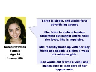 Sarah is single, and works for a
                      advertising agency

                  She loves to make a fashion
               statement but cannot afford what
                  she loves. She is impulsive.

Sarah Newman   She recently broke up with her Boy
   Female      friend and spends 3 nights a week
    Age 30              out with the girls.
 Income 60k
               She works out 4 time a week and
                makes sure to take care of her
                        appearance.
 