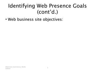 Identifying Web Presence Goals
               (cont’d.)
• Web business site objectives:




Electronic Commerce, Ninth
                             3
Edition
 