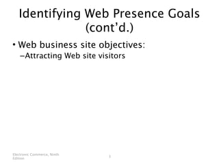 Identifying Web Presence Goals
               (cont’d.)
• Web business site objectives:
    – Attracting Web site visitors




Electronic Commerce, Ninth
                             3
Edition
 